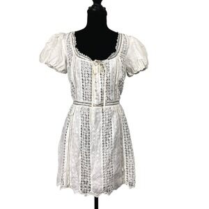 For Love & Lemons White Lace Embroidery Puff Sleeve Mini Dress L NEW Milkmaid